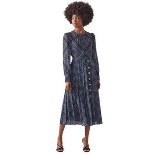 LK Bennett Elena Navy Handkerchief Print Pleated Dress